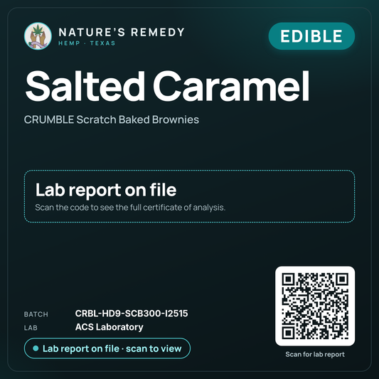 Nature's Remedy lab card: Salted Caramel — CRUMBLE Scratch Baked Brownies (Edible)