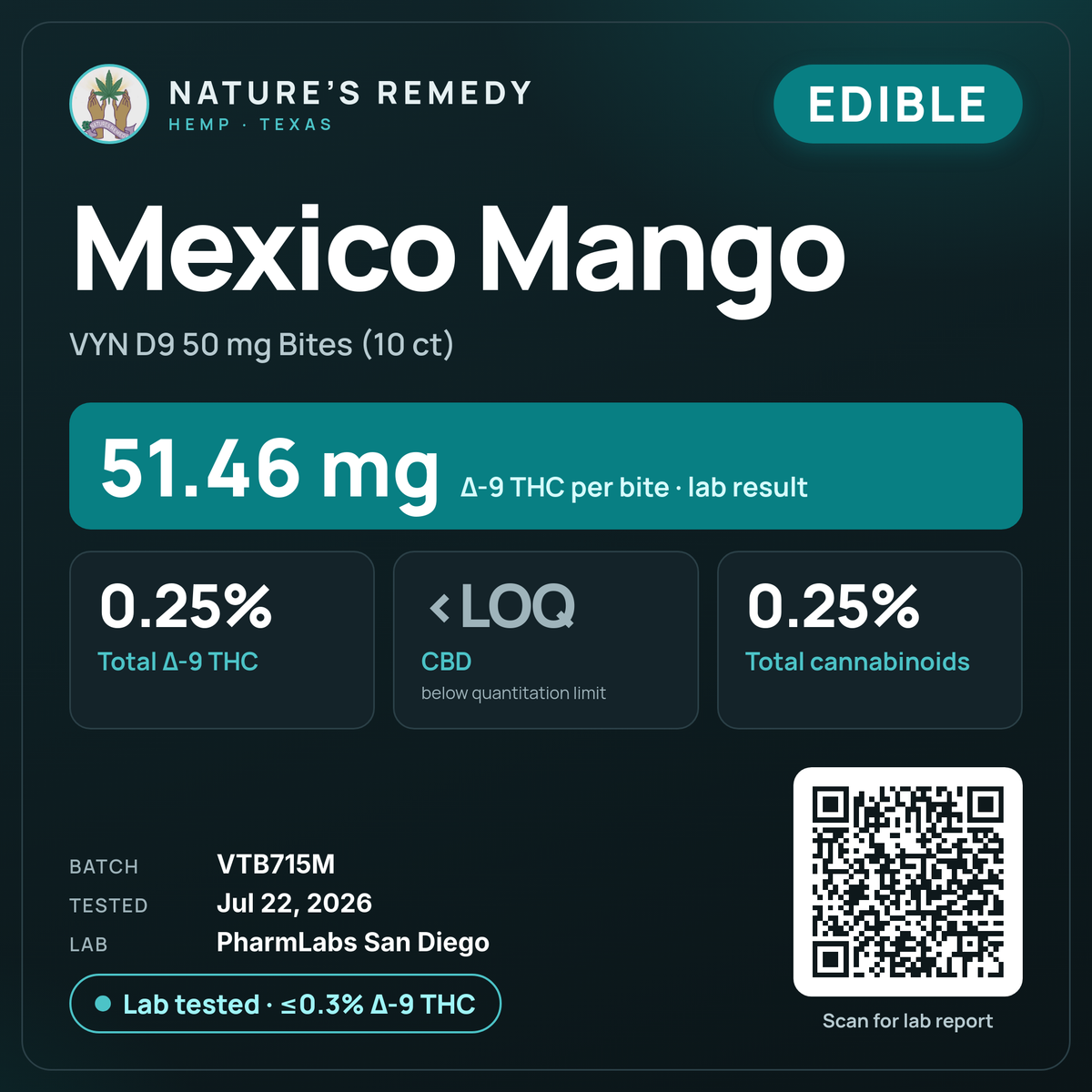 Nature's Remedy lab card: Mexico Mango — VYN D9 50 mg Bites (10 ct) (Edible)