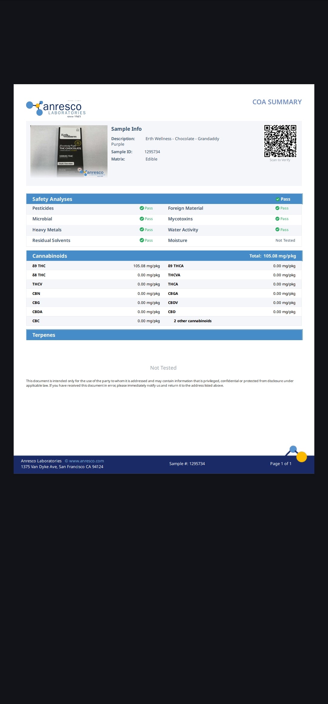 Erth  Wellness 100mg THC Chocolate Bar