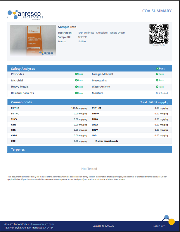 Erth  Wellness 100mg THC Chocolate Bar