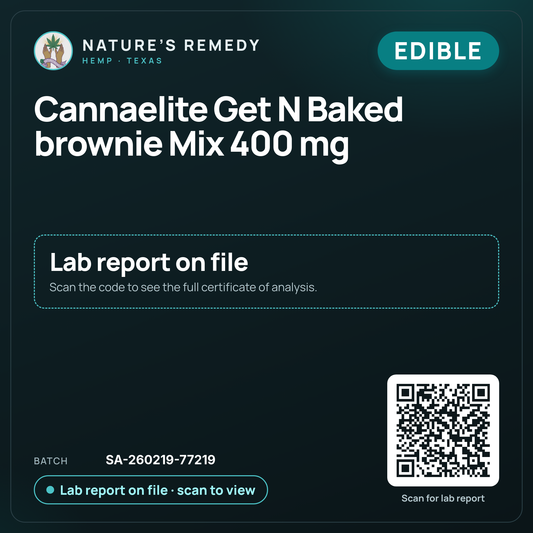 Nature's Remedy lab card: Cannaelite Get N Baked brownie Mix 400 mg (Edible)