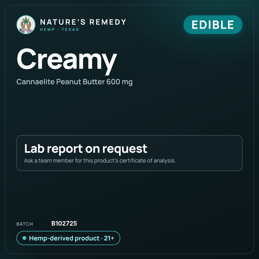 Nature's Remedy lab card: Creamy — Cannaelite Peanut Butter 600 mg (Edible)