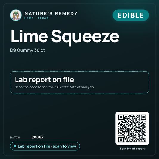 Nature's Remedy lab card: Lime Squeeze — D9 Gummy 30 ct (Edible)