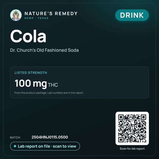 Nature's Remedy lab card: Cola — Dr. Church's Old Fashioned Soda (Drink)
