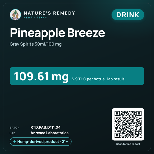 Nature's Remedy lab card: Pineapple Breeze — Grav Spirits 50ml/100 mg (Drink)