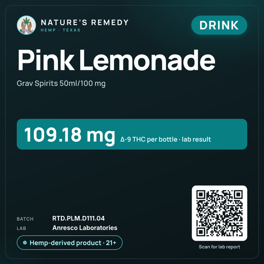 Nature's Remedy lab card: Pink Lemonade — Grav Spirits 50ml/100 mg (Drink)
