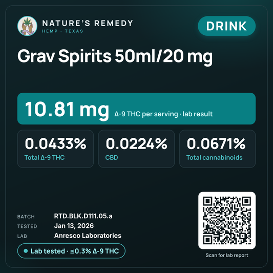 Nature's Remedy lab card: Grav Spirits 50ml/20 mg (Drink)
