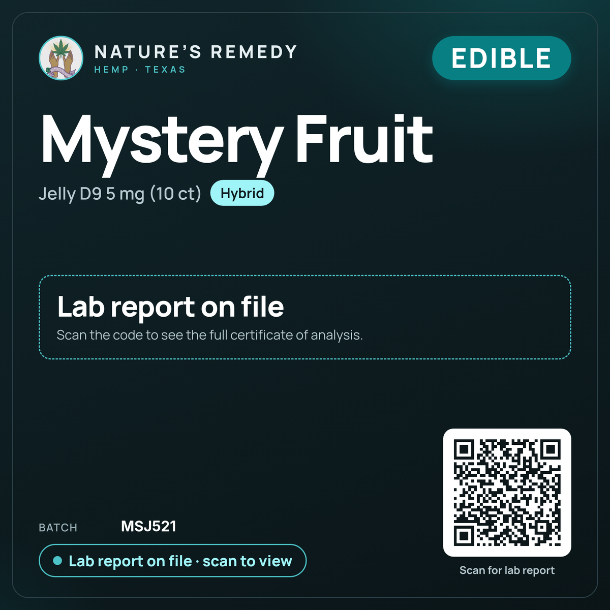 Nature's Remedy lab card: Mystery Fruit — Jelly D9 5 mg (10 ct) (Edible)