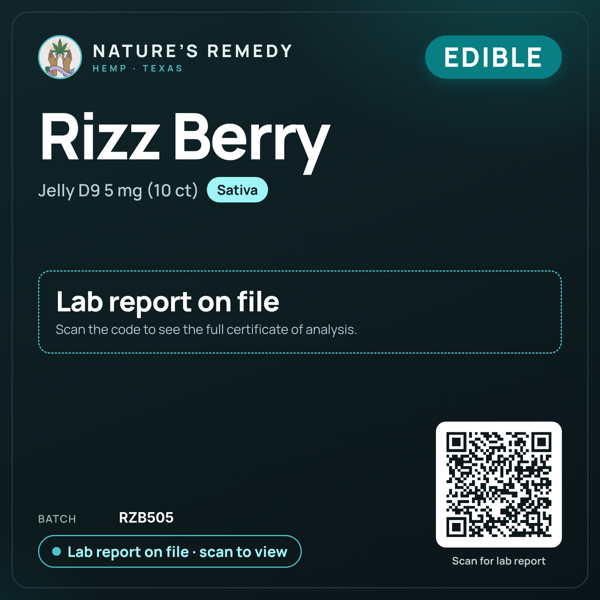 Nature's Remedy lab card: Rizz Berry — Jelly D9 5 mg (10 ct) (Edible)