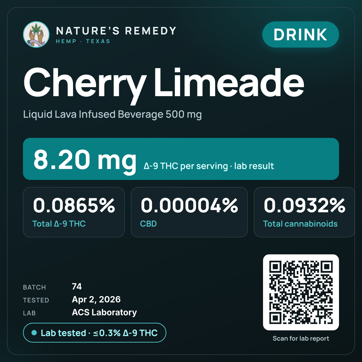 Nature's Remedy lab card: Cherry Limeade — Liquid Lava Infused Beverage 500 mg (Drink)