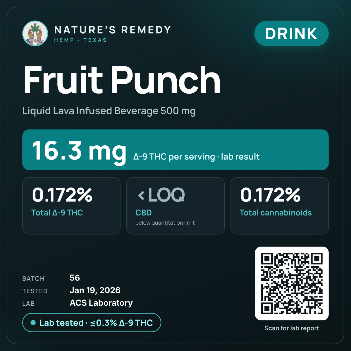 Nature's Remedy lab card: Fruit Punch — Liquid Lava Infused Beverage 500 mg (Drink)