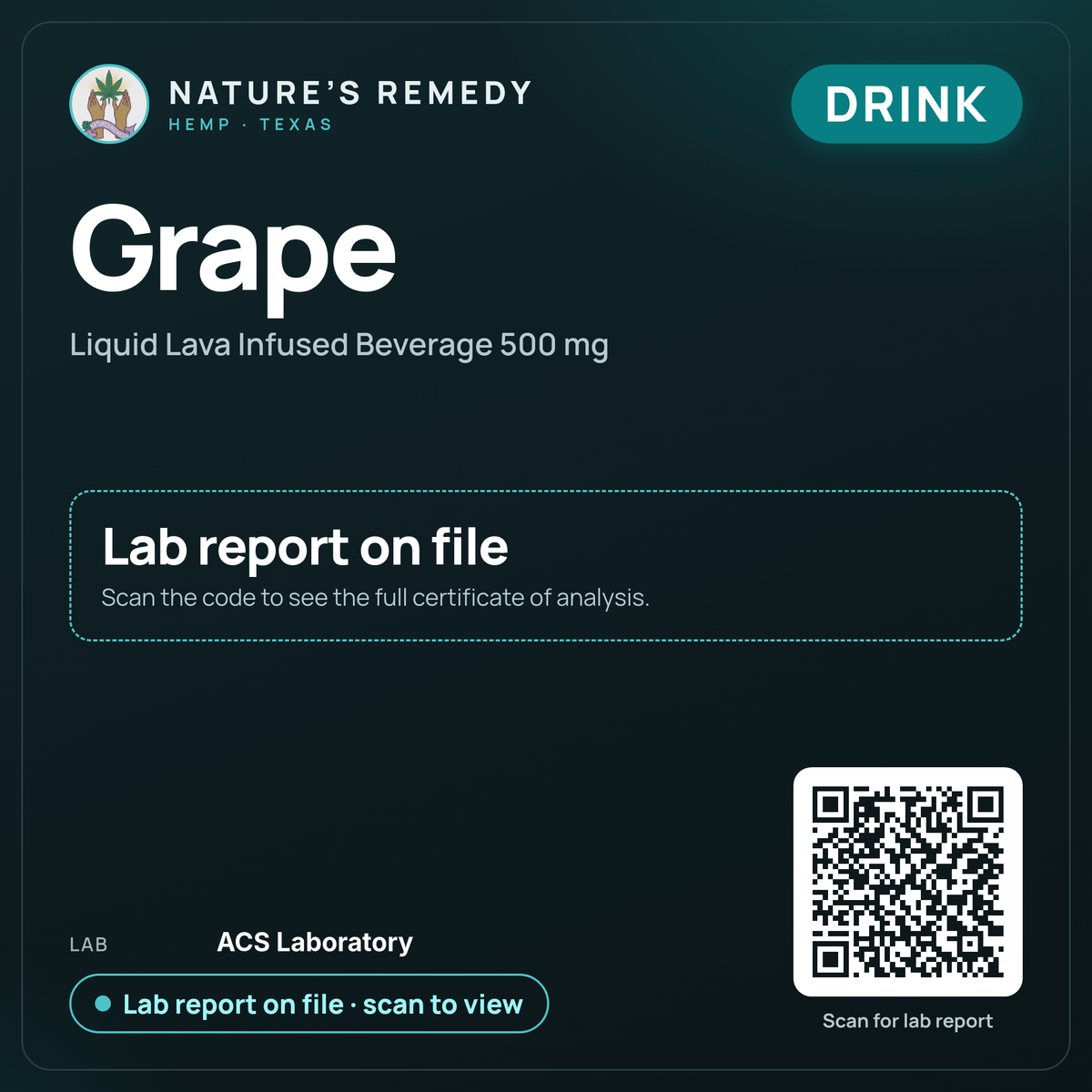 Nature's Remedy lab card: Grape — Liquid Lava Infused Beverage 500 mg (Drink)