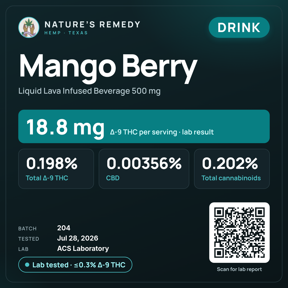 Nature's Remedy lab card: Mango Berry — Liquid Lava Infused Beverage 500 mg (Drink)