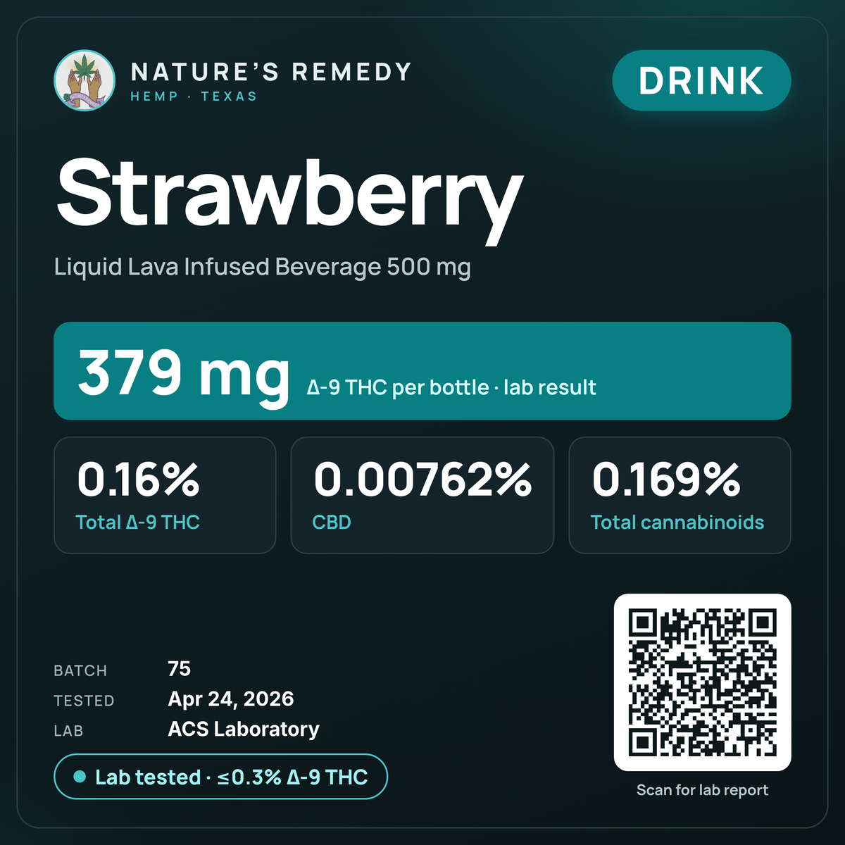 Nature's Remedy lab card: Strawberry — Liquid Lava Infused Beverage 500 mg (Drink)