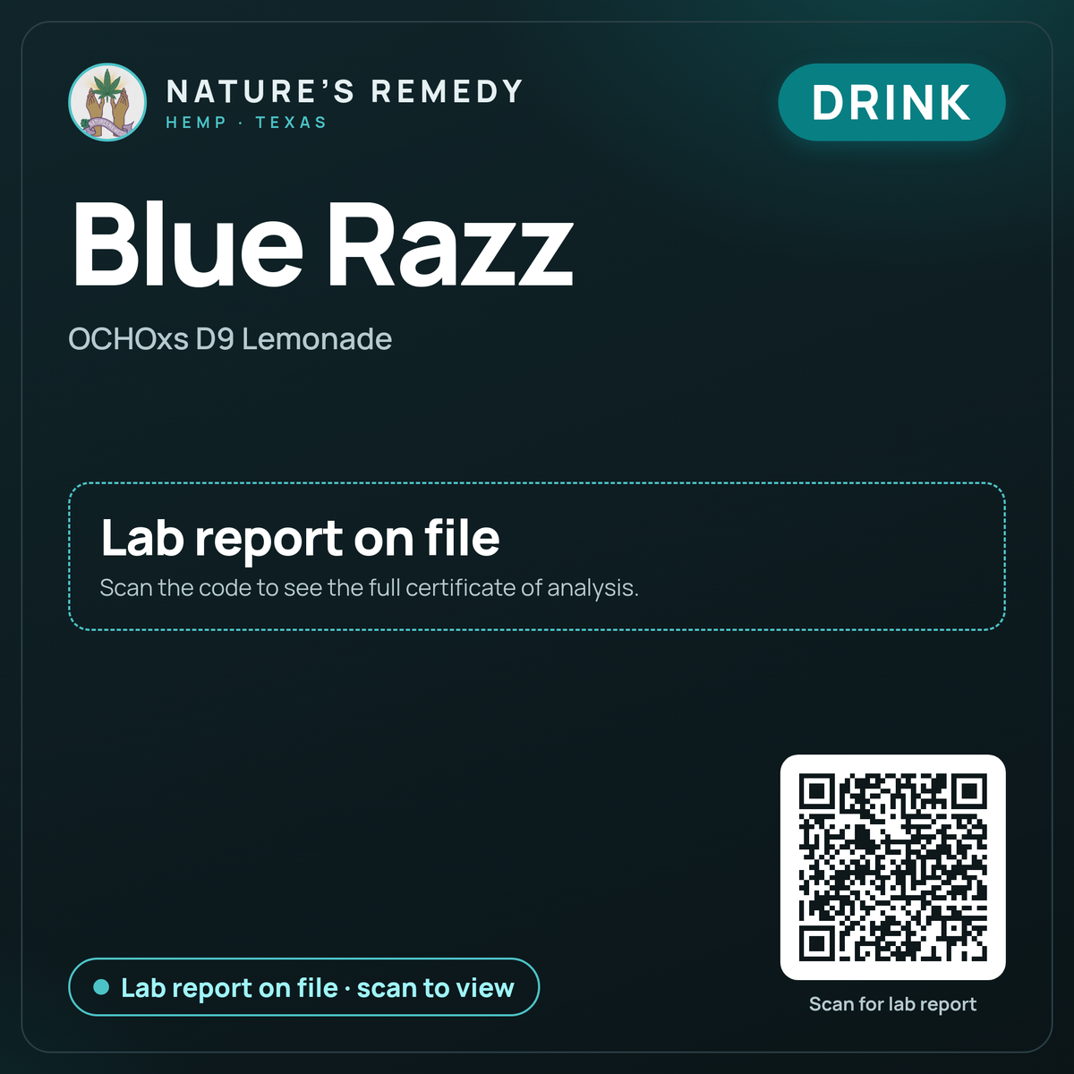 Nature's Remedy lab card: Blue Razz — OCHOxs D9 Lemonade (Drink)