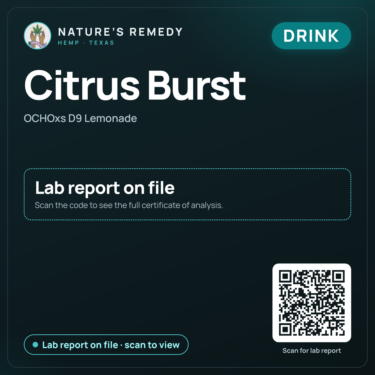 Nature's Remedy lab card: Citrus Burst — OCHOxs D9 Lemonade (Drink)