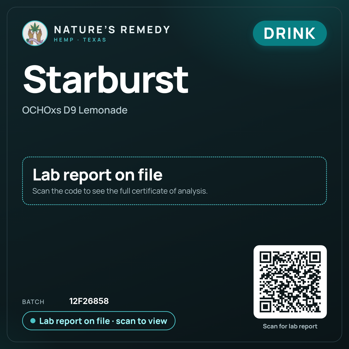 Nature's Remedy lab card: Starburst — OCHOxs D9 Lemonade (Drink)