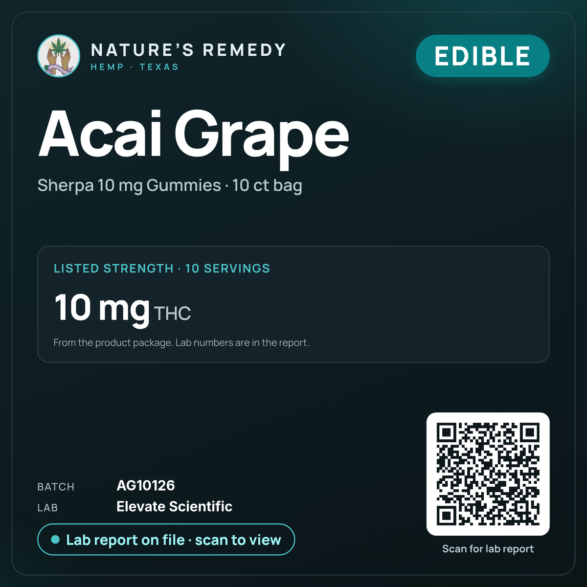 Nature's Remedy lab card: Acai Grape — Sherpa 10 mg Gummies · 10 ct bag (Edible)