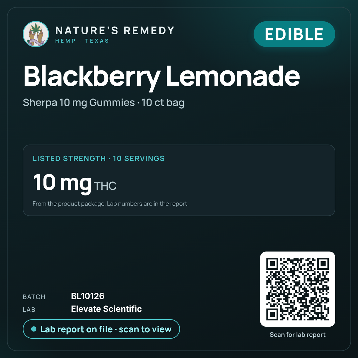 Nature's Remedy lab card: Blackberry Lemonade — Sherpa 10 mg Gummies · 10 ct bag (Edible)