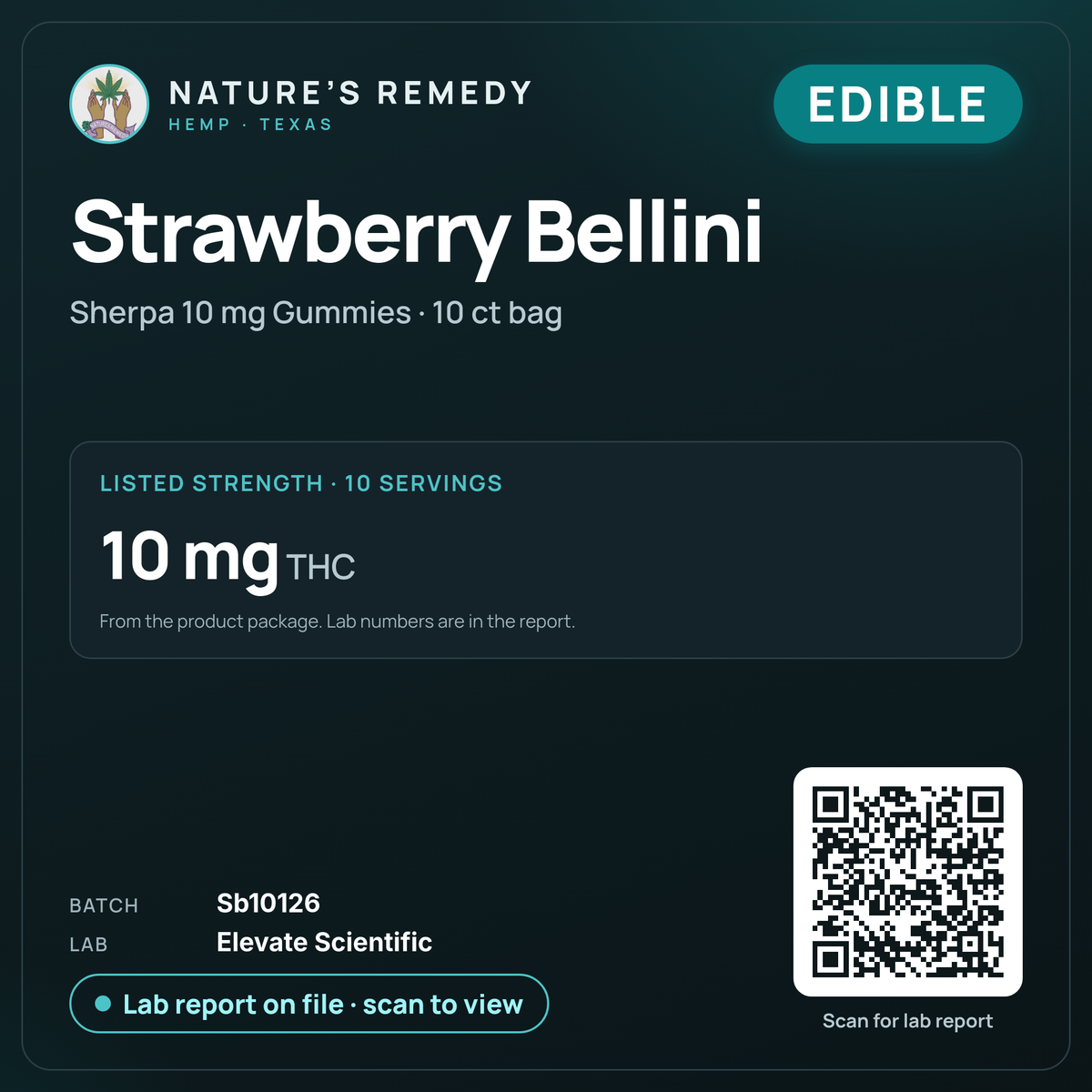 Nature's Remedy lab card: Strawberry Bellini — Sherpa 10 mg Gummies · 10 ct bag (Edible)