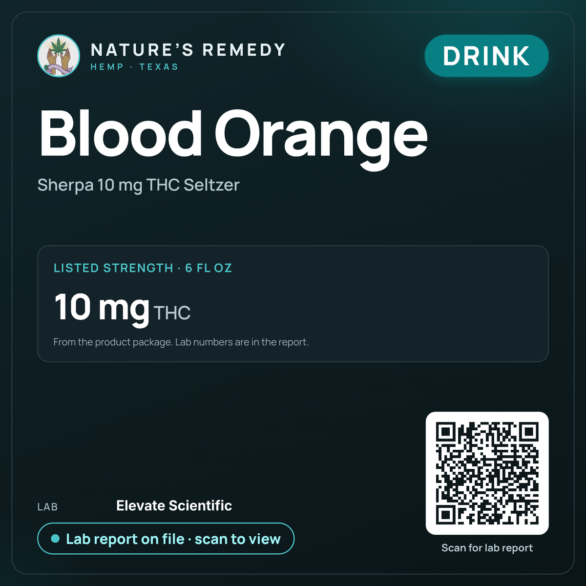 Nature's Remedy lab card: Blood Orange — Sherpa 10 mg THC Seltzer (Drink)