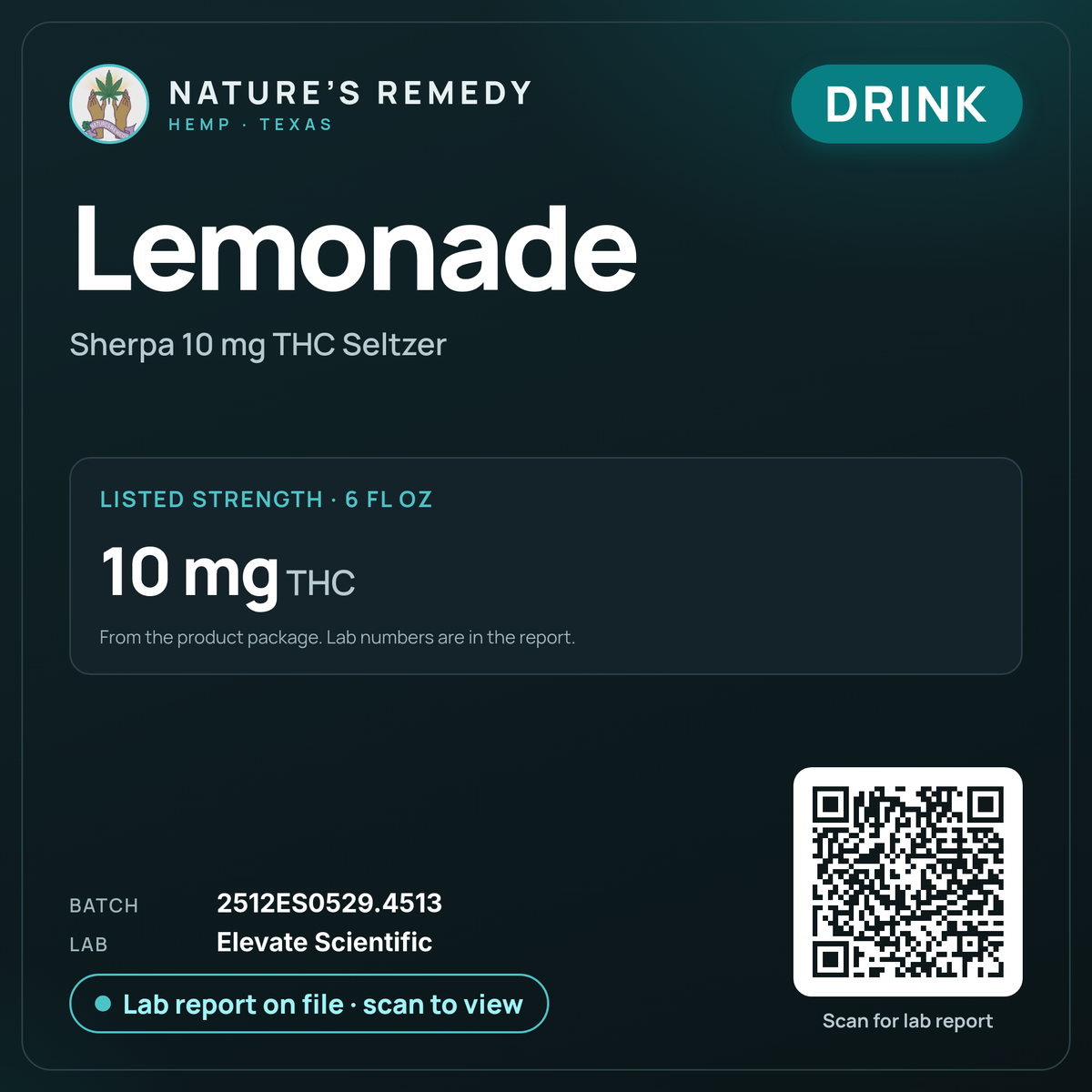 Nature's Remedy lab card: Lemonade — Sherpa 10 mg THC Seltzer (Drink)