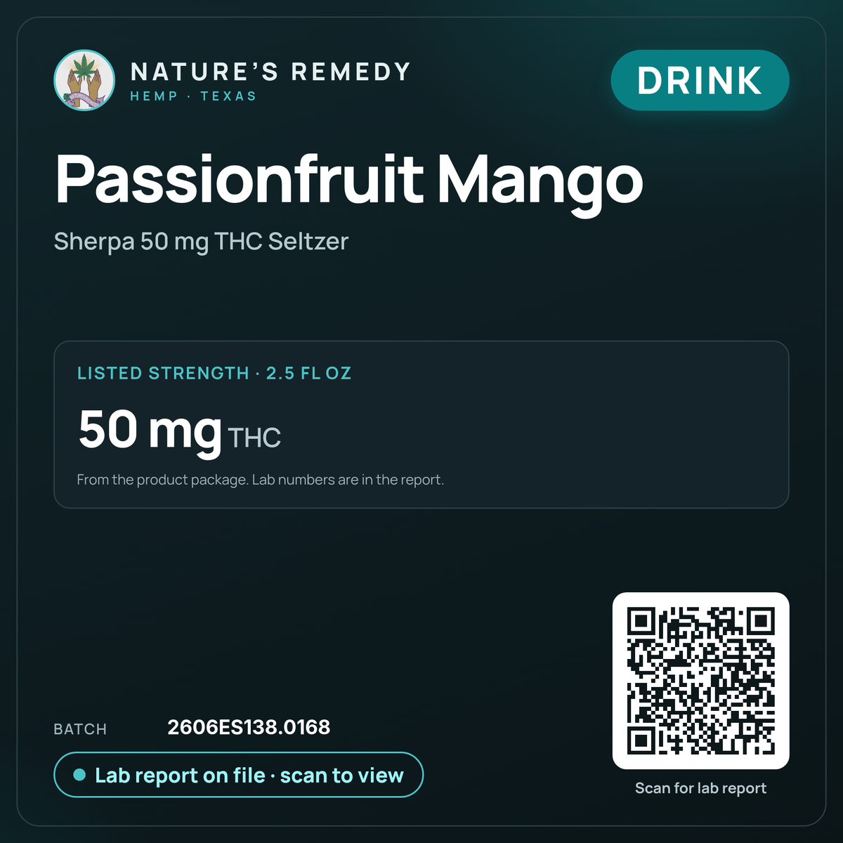 Nature's Remedy lab card: Passionfruit Mango — Sherpa 50 mg THC Seltzer (Drink)