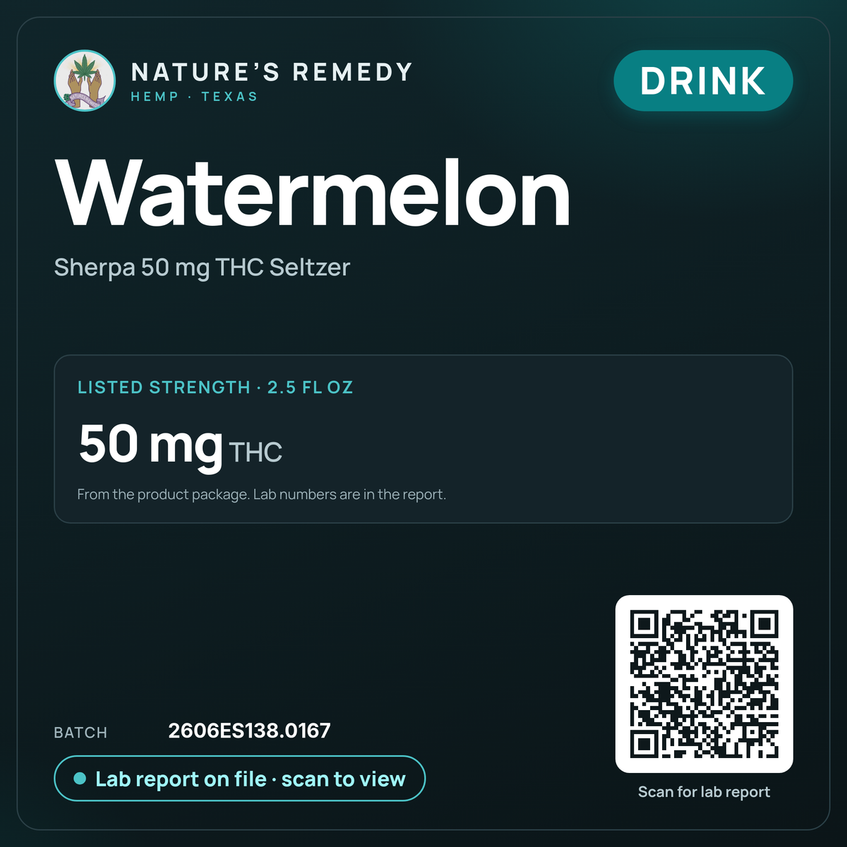 Nature's Remedy lab card: Watermelon — Sherpa 50 mg THC Seltzer (Drink)