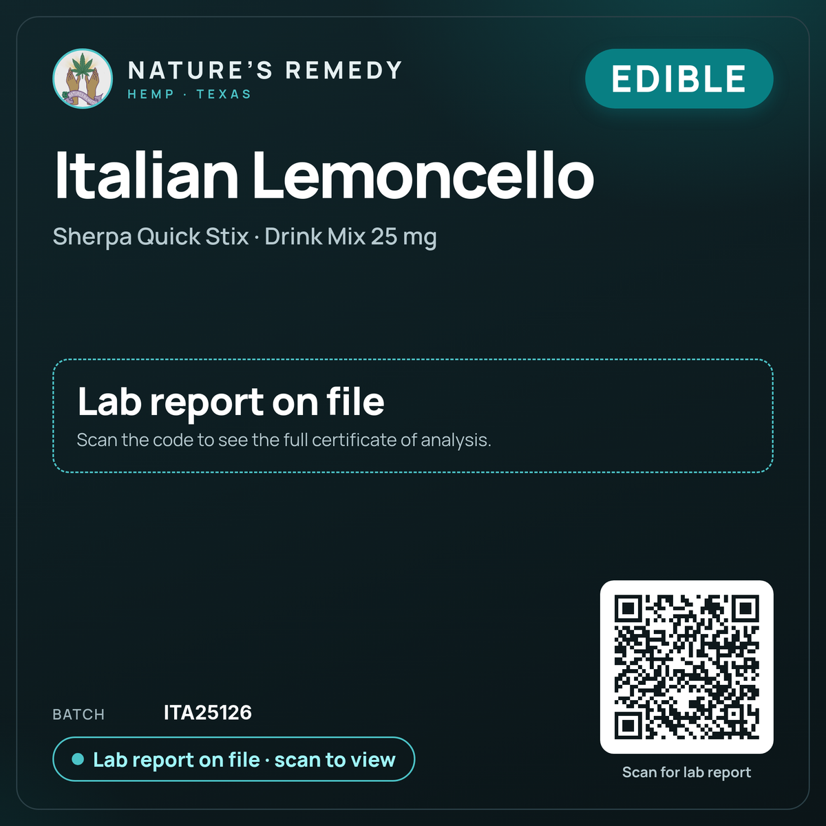 Nature's Remedy lab card: Italian Lemoncello — Sherpa Quick Stix · Drink Mix 25 mg (Edible)