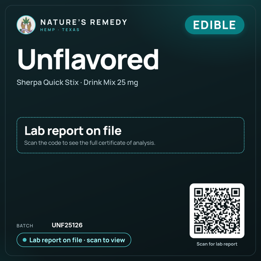 Nature's Remedy lab card: Unflavored — Sherpa Quick Stix · Drink Mix 25 mg (Edible)