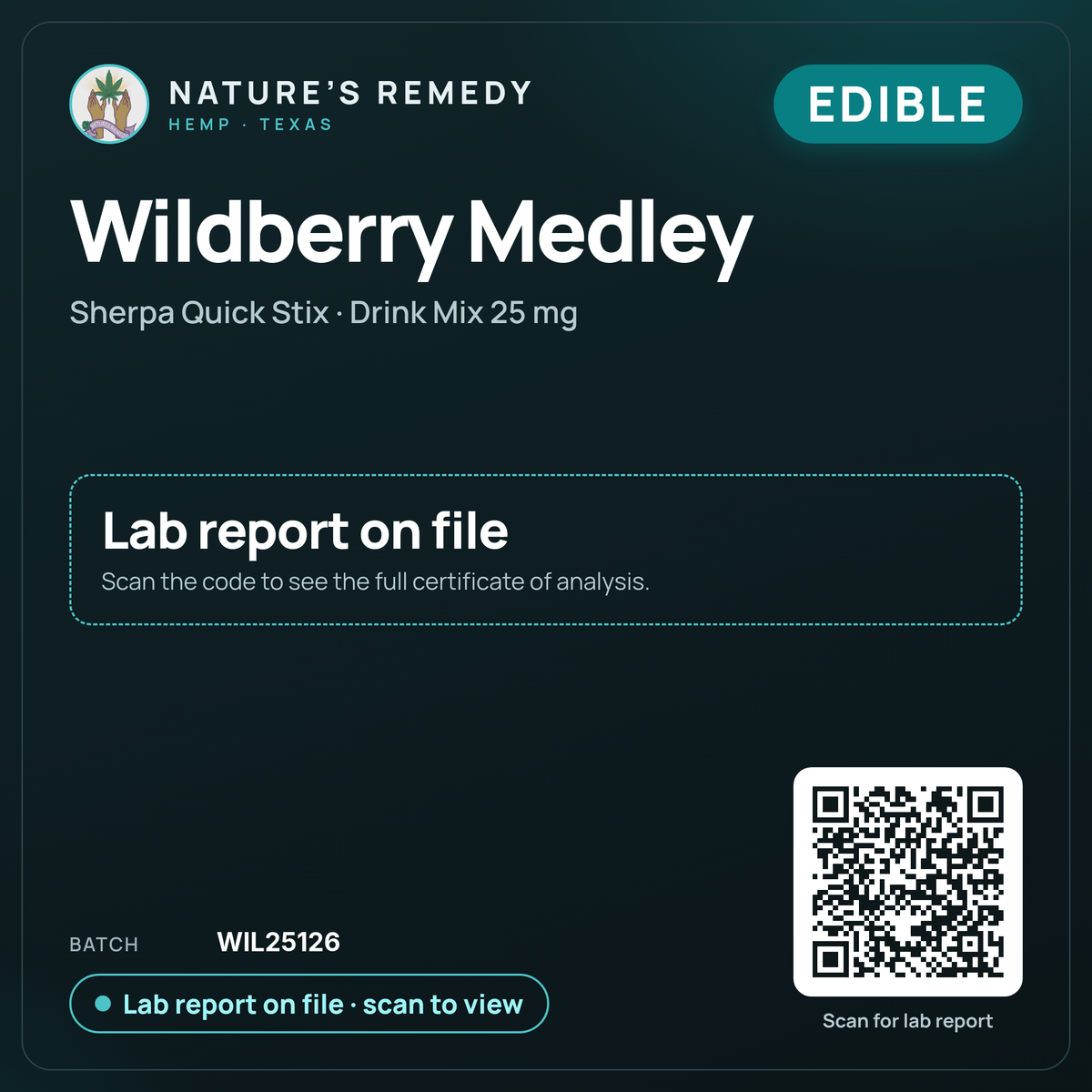 Nature's Remedy lab card: Wildberry Medley — Sherpa Quick Stix · Drink Mix 25 mg (Edible)