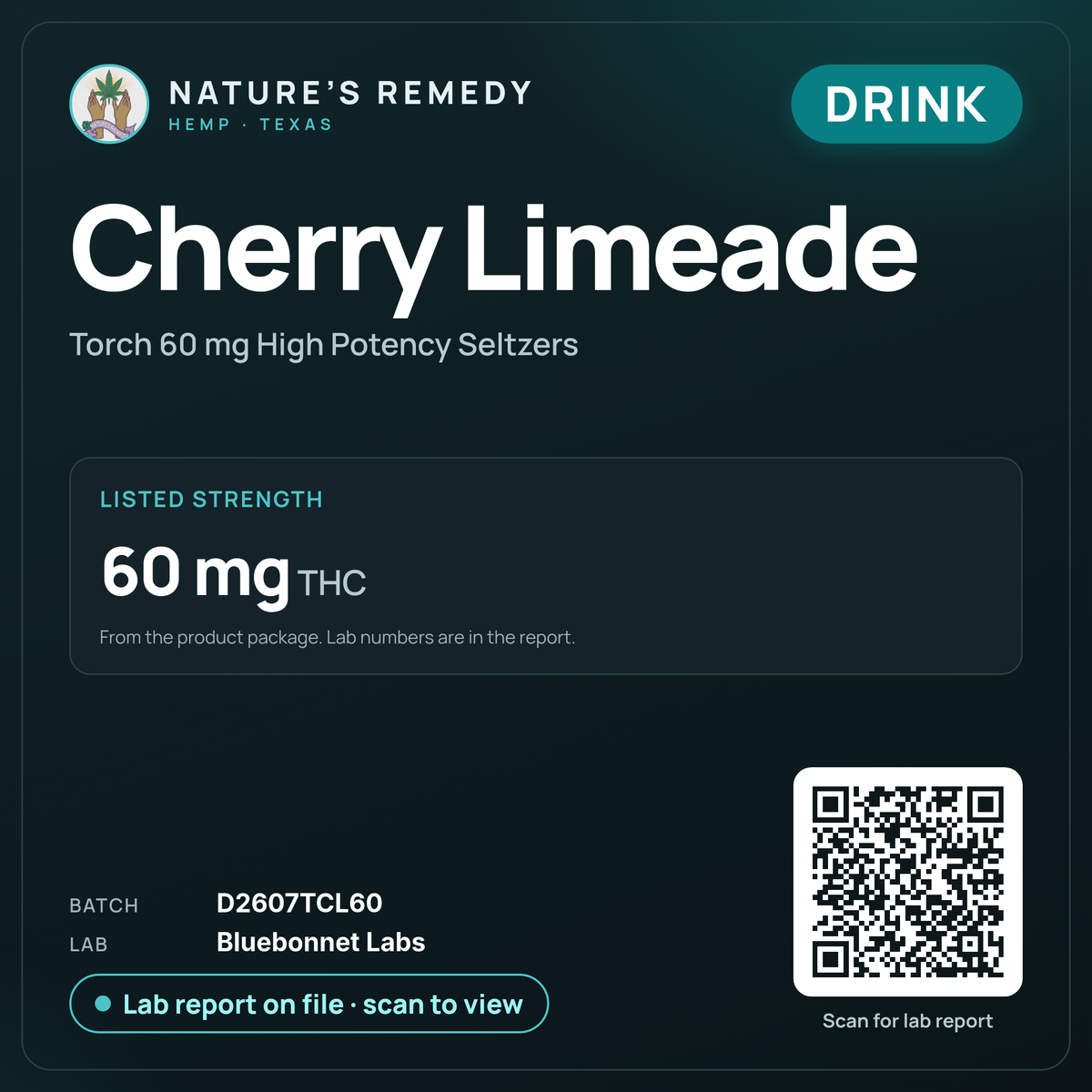 Nature's Remedy lab card: Cherry Limeade — Torch 60 mg High Potency Seltzers (Drink)