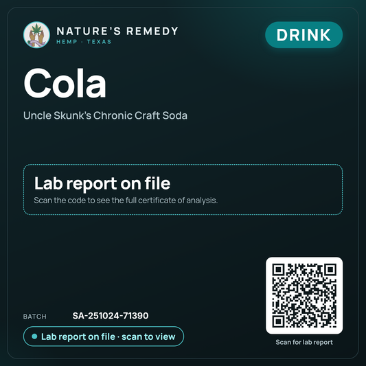 Nature's Remedy lab card: Cola — Uncle Skunk's Chronic Craft Soda (Drink)