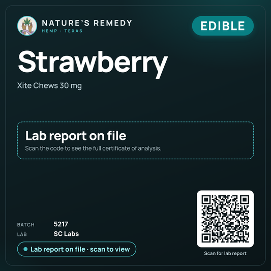Nature's Remedy lab card: Strawberry — Xite Chews 30 mg (Edible)